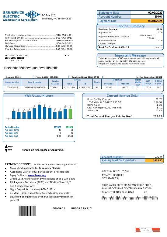 USA North Carolina Brunswick Electric business utility bill template in Word and PDF formats